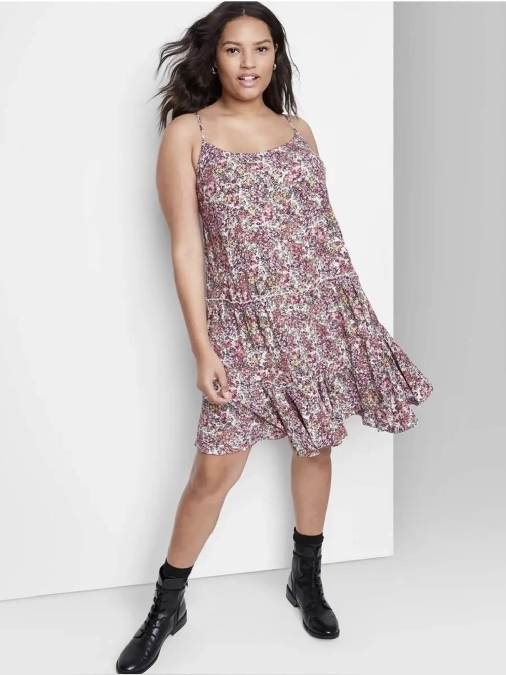 Wild Fable Berry Floral Swing Flowy Trapeze Boho Mini Dress